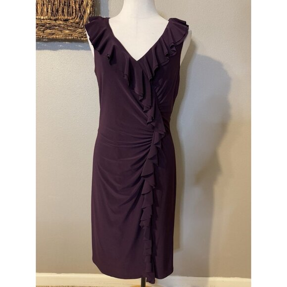 Ralph Lauren Dress 12 Dark Purple Stretch Sleeveless Ruffle V Neck Washable NEW - Picture 4 of 10